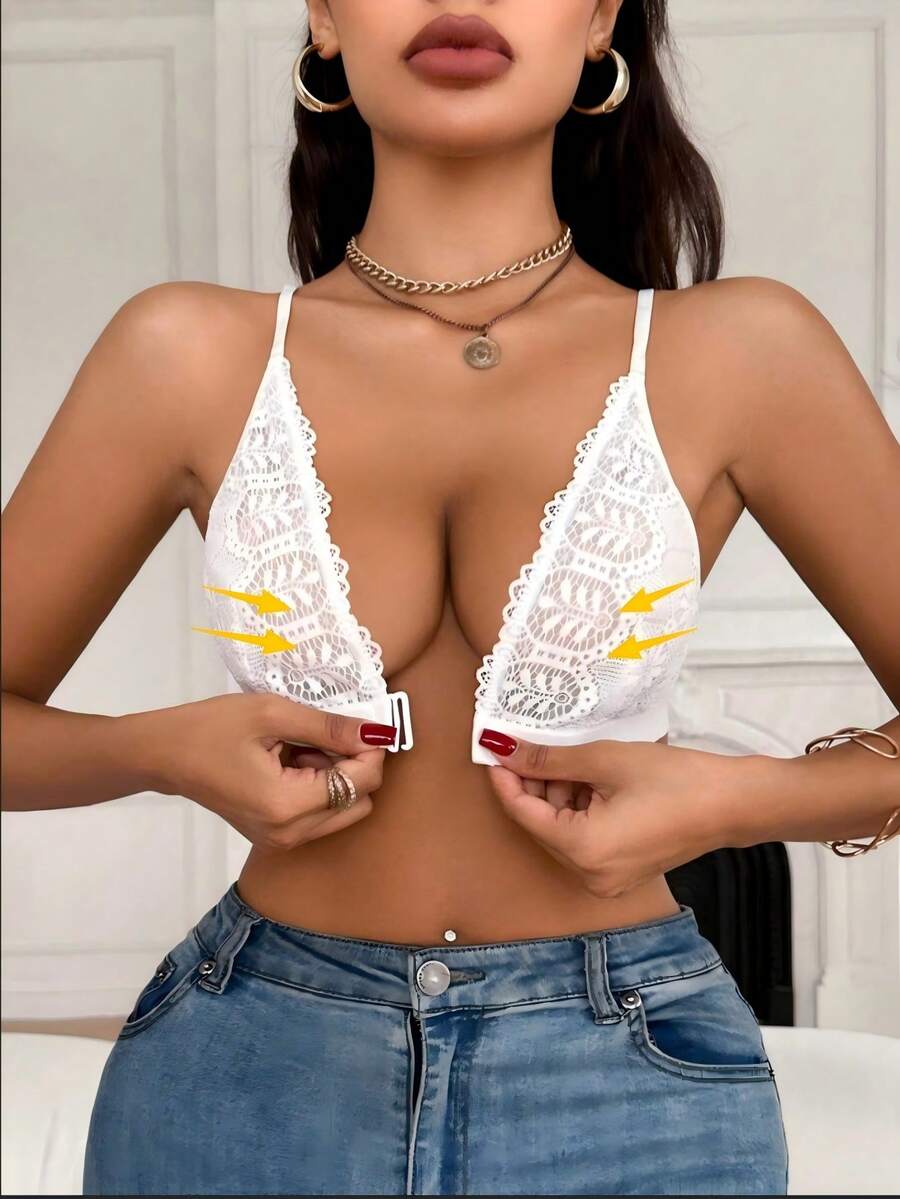 SHEIN Lace Triangle Bralette With Front Close White Summer - White - View 1