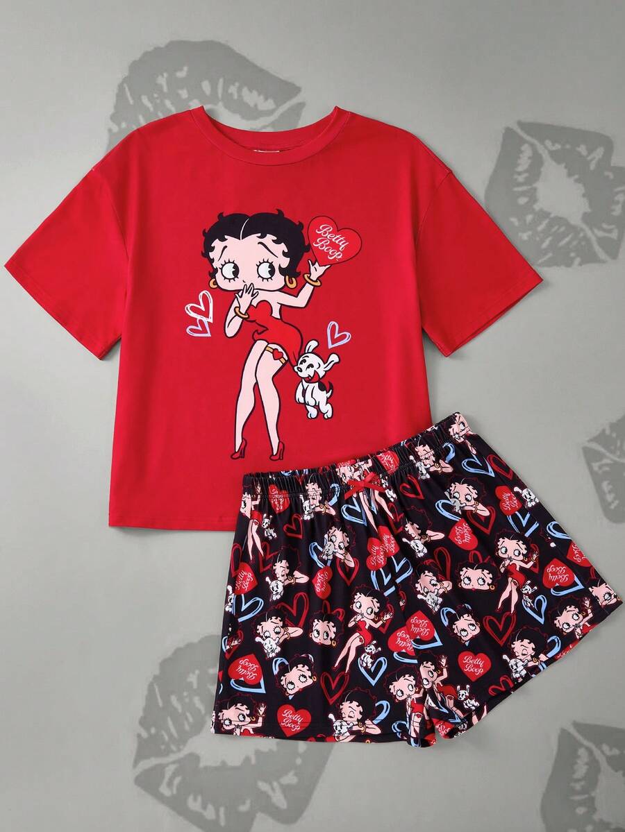 Betty Boop x SHEIN Women's Casual Cartoon Portrait Pattern Round Neck Short Sleeve T-Shirt And Shorts Pajama Set, Summer - Red - View 1