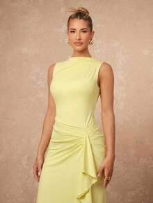 Lumalex Lemon Yellow Sleeveless Knit Maxi Dress With Draped Boat Neck Side Ruched Waist Cascading Ruffle Front Slit And Back Seam, Spring Summer Luxury Dress - Light Yellow - View 7