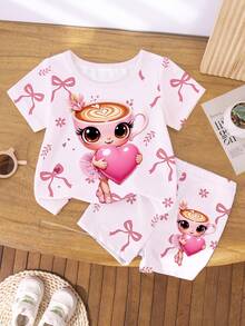 Frühling, Sommer & Herbst Mädchen Casual Mode kreative süße Schmetterling & Kaffeetasse Grafik Muster T-Shirt und Fahrrad Shorts Set, bequeme Alltagskleidung gemütliche Sommerstile geeignet für Baby Mädchen - Verschiedenfarbig - Übersicht 4