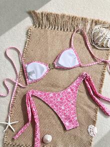 Swim Mod 女士两件套纹理多色印花挂脖系带裤装，休闲优雅比基尼套装，适合海滩度假、情人节派对、比基尼 - 彩色 - 查看 3