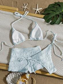 Swim Mod Set de bikini de 3 piezas con Top de cuello de halter y textura de tela de unicolor para mujer, para el verano - Marrón - Ver 9