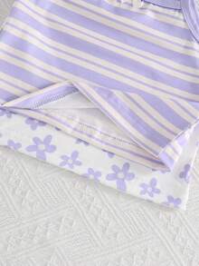 4pcs/Set Young Girl' Sweet & Cute Pink Series Floral & Striped Print Camisole & Shorts Underwear Set Autumn Fall - Mauve Purple - View 6