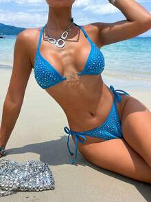 Opulessa Set Baju Renang Pantai Liburan Wanita dengan Hiasan Berlian Imitasi - Biru - View 8