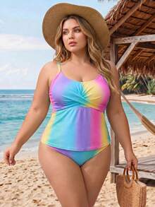 SHEIN CURVE+ Plus Size Spaghetti Strap Gradient Color Tankini Top, Summer - Multicolor - View 5