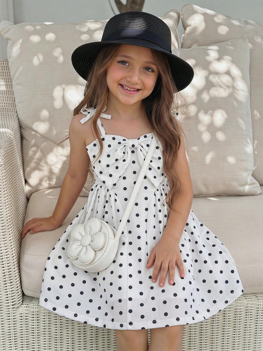 Emery Rose Kids Emery Rose Kids 女童波点印花系带休闲连衣裙 - 黑與白 - 查看 1