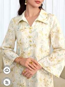 Yasmyna Camisa estampada multicolor con cuello de solapa y botones delanteros - Amarillo - Ver 3