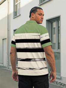 Manfinity EZcore Men's Green And Black Striped Polo Shirt, Mature Style Chest Logo Letter Casual Short Sleeve Top, Lightweight Business Casual Contrast Color Collar Short Sleeve T-Shirt, Daily Commute Polo Shirt - Multicolor - View 2