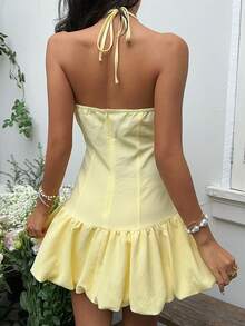 Sunnyshic Women's Spring/Summer Pale Yellow Mini Dress, Metal Sunflower Decor, Strapless Halter Backless A-Line Ruffle Hem, Beach Vacation, Romantic - Yellow - View 2
