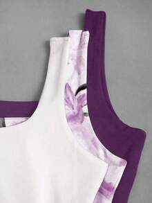 SHEIN EZwear 女款百搭修身針織背心3件組，休閒百搭收腰抓皺修身背心，夏季百合印花圖案，紫色與白色背心組女上衣 - 彩色 - 查看 6