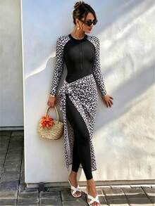 Swim Shayni Damen 3 Stücke Burkini Set, mit Leoparden-Muster, Reißverschluss-Langarmoberteil, langem Überwurfkleid und langer Hose, geeignet für Frühling/Sommer Strand, Kreuzfahrt, Urlaub - Schwarz - Übersicht 1