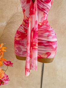 Soleia Women's Floral Print Halter Tie Sexy Mini Dress For Dates & Parties - Pink - View 6