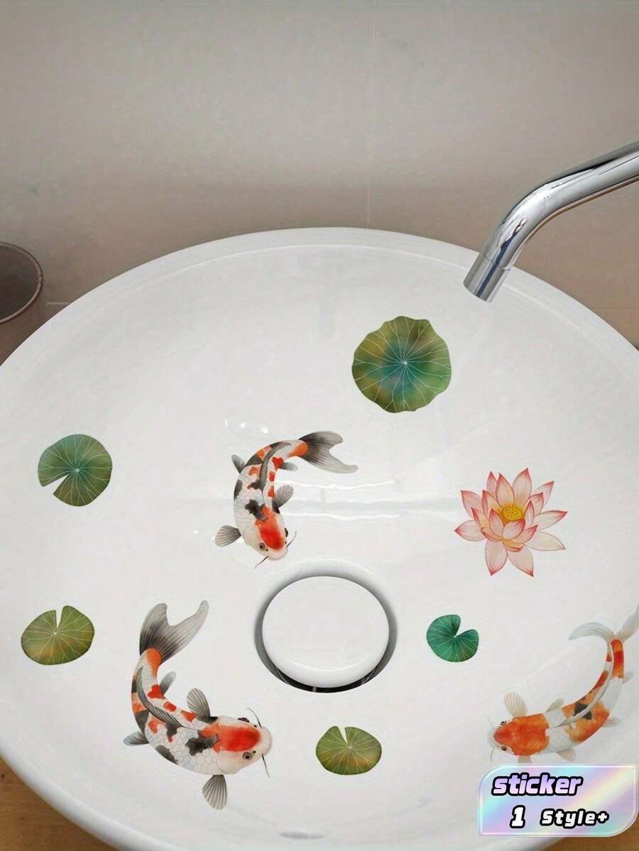1片防水自粘中国锦鲤莲花图案水槽贴纸浴室盥洗台装饰贴纸创意翻新遮盖旧水槽改造浴室洗手盆家居装饰 - 多色 - 查看 1