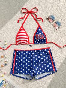 Swim Vcay New Spring/Summer Multicolor Red & White Striped Star Print Halter Bikini & High Waist Shorts Set, Fashionable Swimwear For Party, Cruise, Vacation - Multicolor - View 5