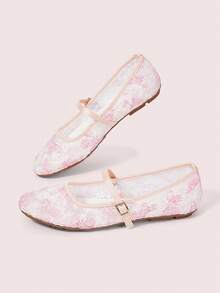 CUCCOO DOLLMOD Women's Shoes, Cute Round Toe, Pink Flower Butterfly Embroidered Mesh Upper, Metal Buckle Strap Flats, Mary Jane - Pink Butterfly - View 3