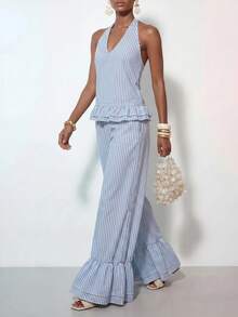 Zivah New Summer Casual Coastal Commuting Loose-Fitting Blue And White Striped V-Neck Halter Neck Tie Ruffled Tank Top + Wide-Leg Pant Two Pieces Set Beach - Blue and White - View 5