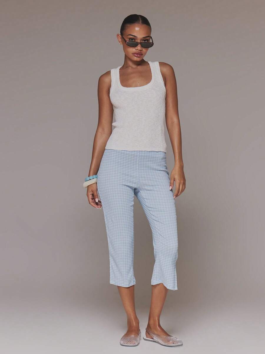 MUSERA Quần legging lửng co giãn họa tiết kẻ caro, thích hợp cho mùa xuân hè, kỳ nghỉ, phong cách boho, Ibiza, thanh lịch, lễ hội, bãi biển, dễ thương. - Màu xanh nhạt - Xem 1