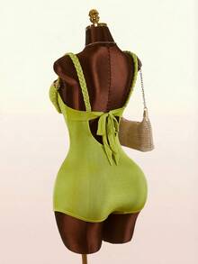Amplova Women's Sexy Bandage Backless Jumpsuit With Shiny Rope Details, Suitable For Beach Night Out Vacation, Lime Green, Spring/Summer - Green - View 2