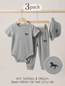 SHEIN Playful Pals 3件組男嬰衣物套裝 黑色夏季休閒度假英倫復古風馬匹刺繡華夫格針織短袖連身褲褲子配帽 - 灰色 - 查看 10