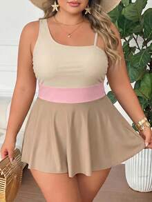 SHEIN CURVE+ 大尺碼女款 2件組對比色抓皺單肩泳衣附沙灘罩衫，適合夏季海灘度假 - 彩色 - 查看 6