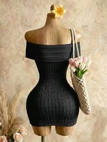 Mistrie Summer New Off-Shoulder Hollow Metal Ring Textured Fabric Fitted Mini Dress, Suitable For Beach Club Night Out Halloween Dates Parties Black Sexy - Black - View 2