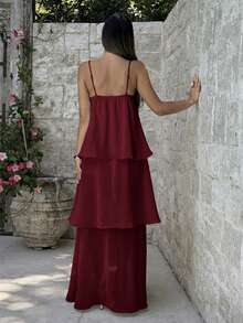 Aloruh Burgundy Spaghetti Strap Solid Color Elegant Vacation Dress Vacation Summer - Burgundy - View 2