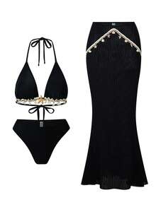 Bonvoyette 3pcs Solid Color Triangle Halter Tie Maxi Skirt Design Women Swimwear Set - Black - View 3