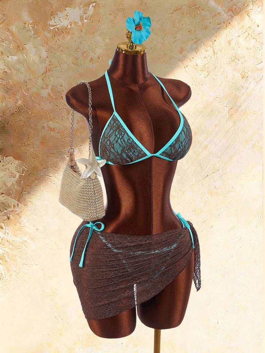 Amplova Women's Sexy Tropical Lace Overlay Swimwear Set, Fashionable For Vacation Bathing Suits Beach Party Brown Stripe Chocolate Summer Turquoise - Blue - View 1