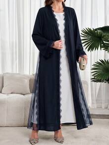 Al Najma 女士时尚优雅蕾丝网纱拼接长袍 - 藏蓝色 - 查看 2