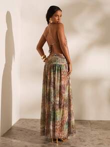 Opulessa Spring & Summer Vacation Knitted Mesh Printed Slit Halter Dress For Women - Green - View 6