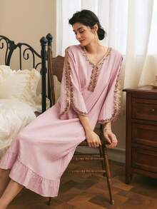 Côtesoire French Elegant Wedding Lounge Home 3D Lace Cuff Split Design Hem Ruffle Long Women's Nightgown Pink Autumn - Baby Pink - View 6