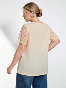 Chikora Plus Size Peach Summer Elegant Wedding Ninang Women Contrast Lace V-Neck T-Shirt,Fashion Casual Office Attire Work Tops Blouses Carnival Costume 2026 - Apricot - View 3