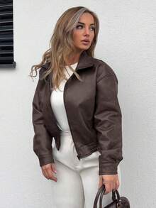 Jeta Ari Chaqueta de cuero vintage nueva de primavera, estilo corto, ajuste regular, adecuada para el Día de San Valentín - Marrón - Ver 4