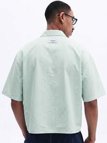 SUMWON Striped Short Sleeve Cropped Button-Up Shirt With Chest Pocket And Script Embroidery Summer Casual - Green - View 2