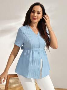 SHEIN 女款V領前綁帶哺乳襯衫，白色夏季哺乳產後優雅上衣，適合送禮與嬰兒洗禮派對 - 藍色 - 查看 1