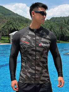 DAZY Men's Long Sleeve Patchwork Design Letter Print Rash Guard Swimwear - Multicolor - View 4