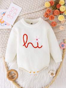 SHEIN 女嬰新生兒連身衣，長袖，米色，刺繡字母設計，可愛互動字母，適合 1 歲生日、新生兒慶祝 - 白色 - 查看 4