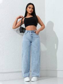 SHEIN ICON Quần Jeans Denim Màu Trơn Thường Ngày Cho Nữ - Rửa nhẹ - Xem 8