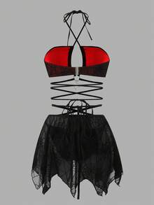 ROMWE Women's Gothic Goth Dark Style Backless Criss-Cross Spider Web Textudark Red Fabric Halter Bikini 3-Piece Swimwear Set, Autumn Beach Party - Burgundy - View 10