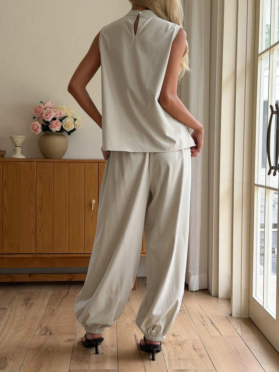 Women's Summer Autumn June Festival Round Neck Sleeveless Asymmetrical Layered Fitted Solid Peach Top Elastic Waist Tapered Pants Outfit Brunch French