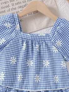 Elladie kids Girls' Cute Sweet Daisy Print Square Collar Puff Sleeve Top, Suitable For Girls In Summer, Holidays, Retro And Various Occasions, Ideal Choice For Spring And Summer - Blue - View 4