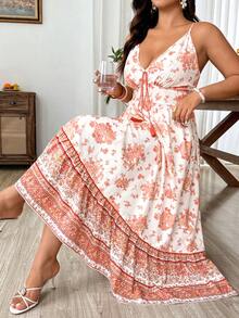 Weeklong Plus Size Women's Elegant Brown Summer Boho Floral Print Maxi Dress,Spaghetti Strap Backless Tassel Decor Bachelorette Party Tea Party Holiday - Pink - View 1