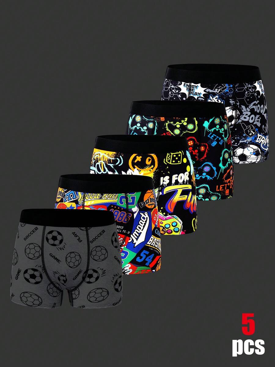 SHEIN 5pcs/Pack Kids/Tween Boys' Sports & Gaming Graphic Elastic Waist Briefs - Multicolor - View 1