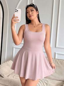 Solflare Lotus Root Pink Plus Size Sleeveless Dress With Pockets, Solid Color Jumpsuit - Dusty Pink - View 3