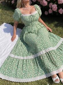Lyrianda Vestido casual con estampado floral pequeño y mangas abullonadas, primavera/verano - Verde - Ver 6