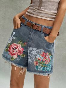 Bohemela Women Floral Pattern Pocket Frayed Hem Shorts - Blue - View 2