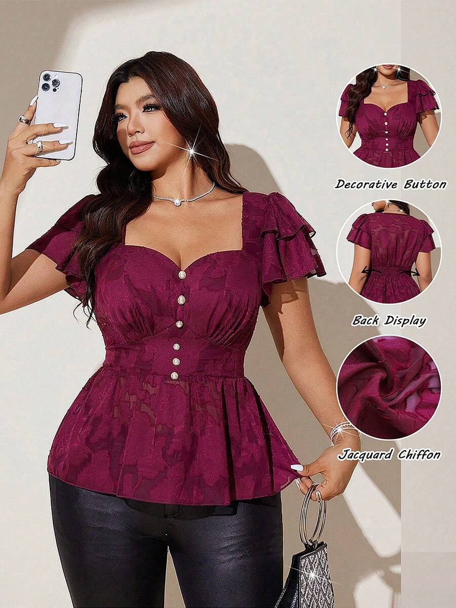 Viva Relle Vintage elegante Spitzenbluse in Weinrot für Damen in Große Größen, Bluse mit quadratischem Kragen und Rüschenärmeln, figurbetont. Geeignet für Dates, Arbeit, Retro-Stil und Treffen mit Freunden. Der weinrote Ton ist schmeichelhaft und elegant, das Spitzenmuster ist exquisit und strukturiert, die Rüschenärmel sind anmutig und schlankend. - Bordeaux - Übersicht 1
