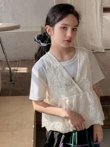 Dazy Kids 少女花卉刺繡荷葉邊無袖上衣 夏季 - 杏色 - 查看 7