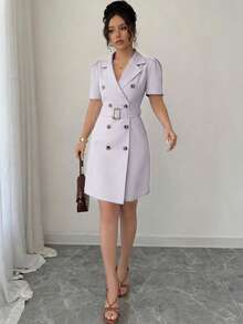 SHEIN Raffinéa 立领系腰双排扣花瓣袖连衣裙 - 紫色 - 查看 4