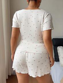 Dazy Plus Plus Size Women's Ditsy Floral Tight Crop Top And Elastic Waist Shorts Pajama Set, Sexy & Comfy, Spring/Summer - White - View 8